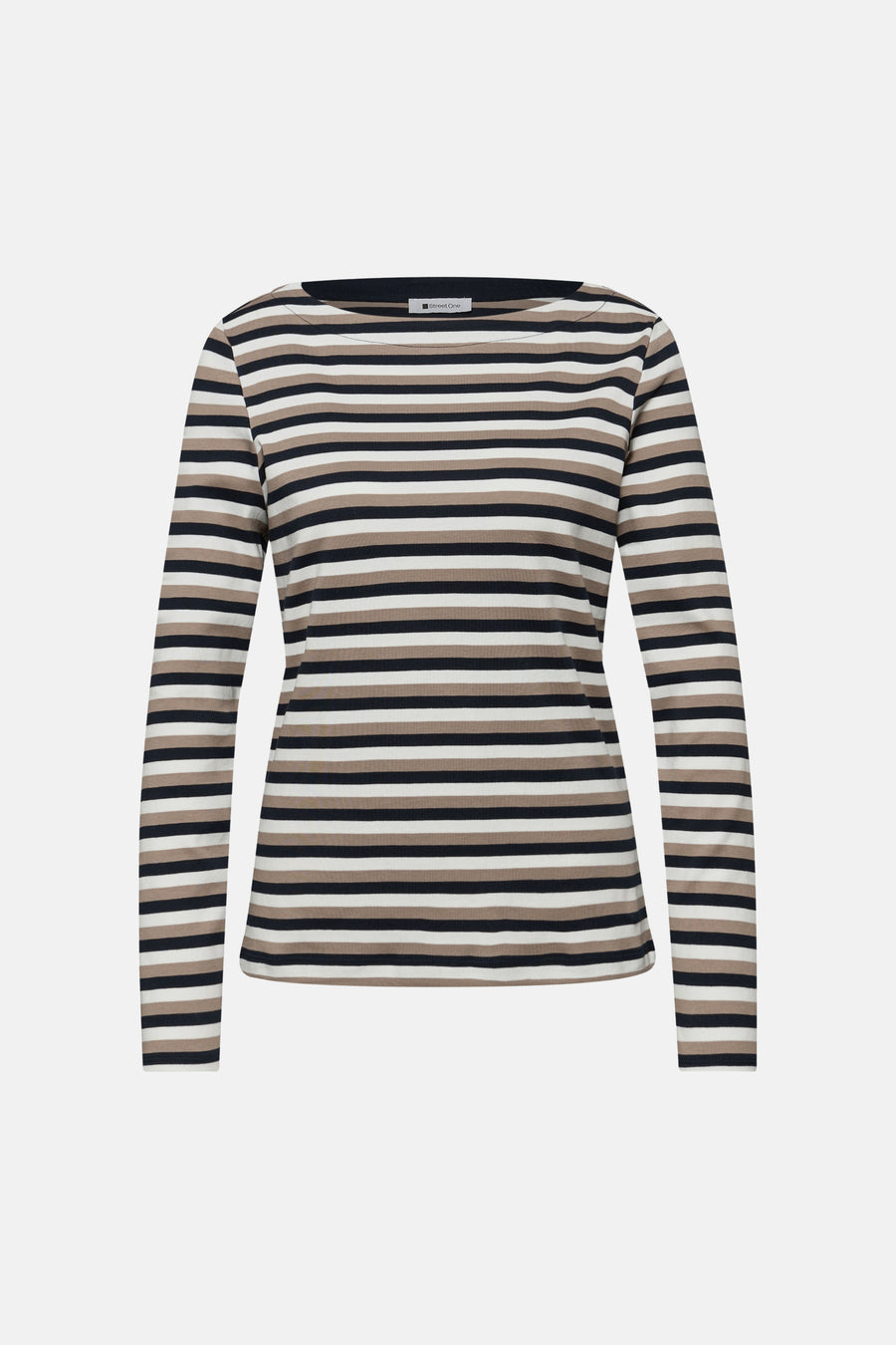 Multikleuren gestreept T-shirt met korte mouwen van Street One, met beige, zwarte en witte horizontale strepen.