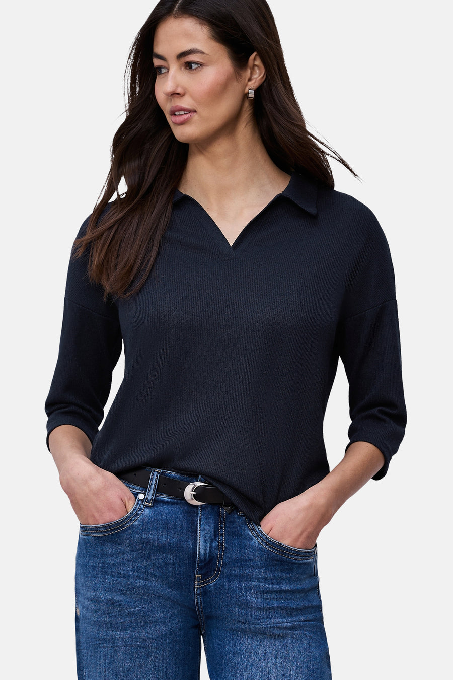 Effenk blauw T-shirt met korte mouwen van STREET ONE, polokraag met ribstructuur.