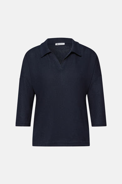 Blauwe driekwartmouw T-shirt van Street One, in geribbelde tricot met een klassieke polokraag.