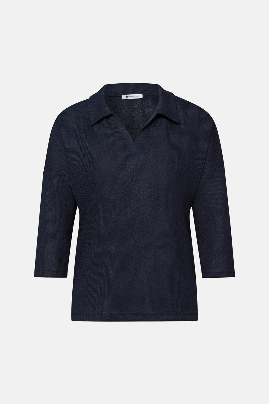 Blauwe driekwartmouw T-shirt van Street One, in geribbelde tricot met een klassieke polokraag.
