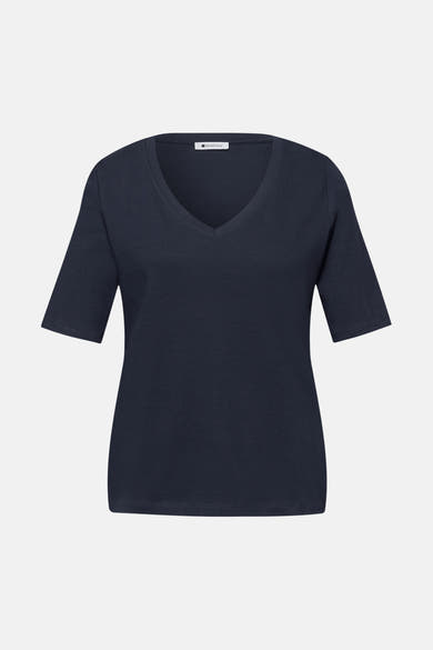 Blauw T-shirt met korte mouwen van Street One, effen met een klassieke V-hals.