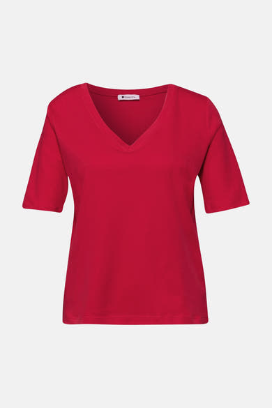 Rood T-shirt met korte mouwen van Street One, V-hals, klassieke rechte pasvorm.