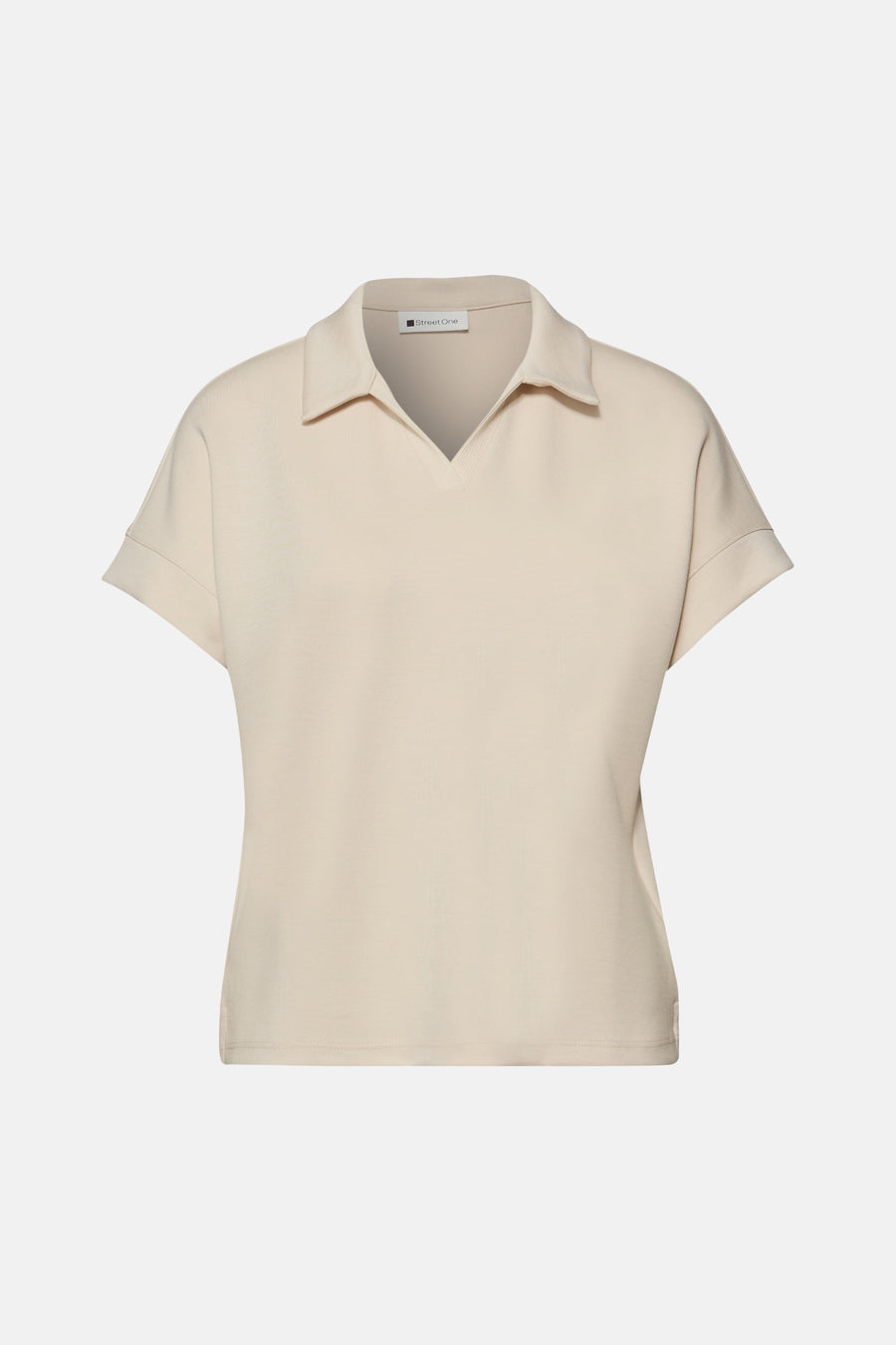 Beige T-shirt met reverskraag van Street One, met korte mouwen met omslag.