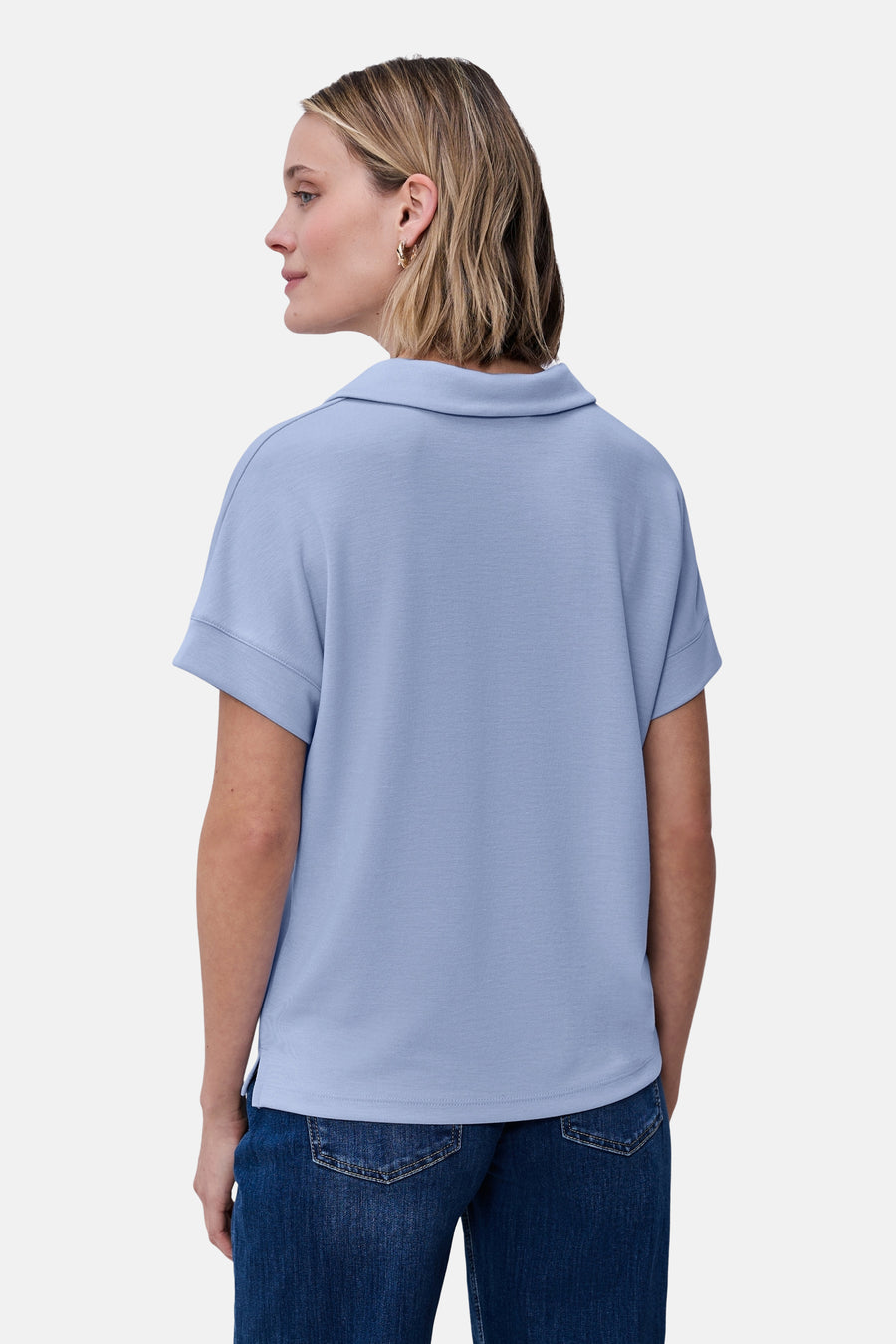 Blauw T-shirt met korte mouwen van Street One, gedragen met een spijkerbroek, achtergezicht.