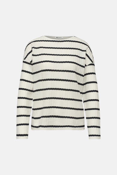 Pull à col rond en maille rayée noir et écru, de Street One, à texture gaufrée.
