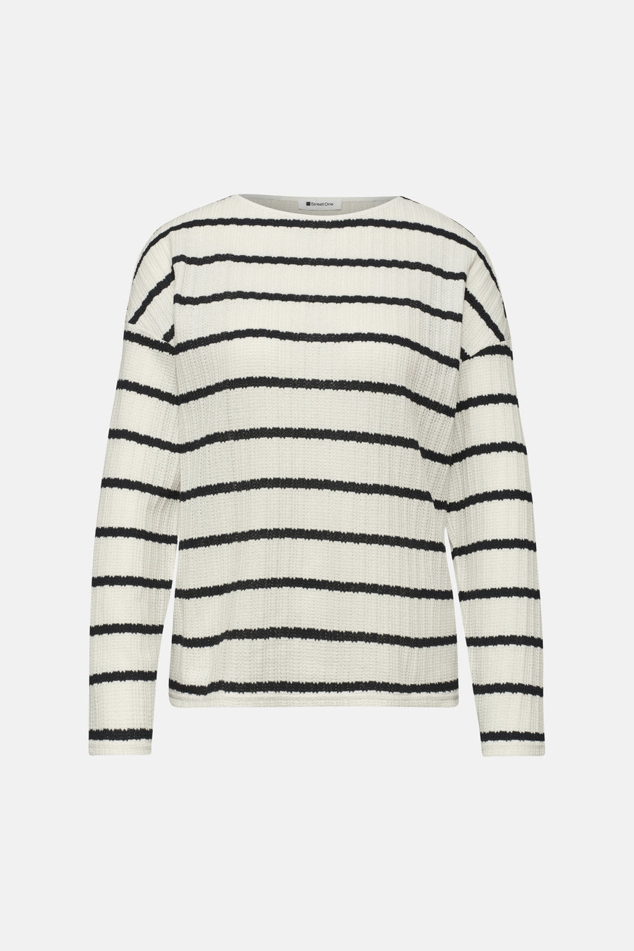 Pull à col rond en maille rayée noir et écru, de Street One, à texture gaufrée.
