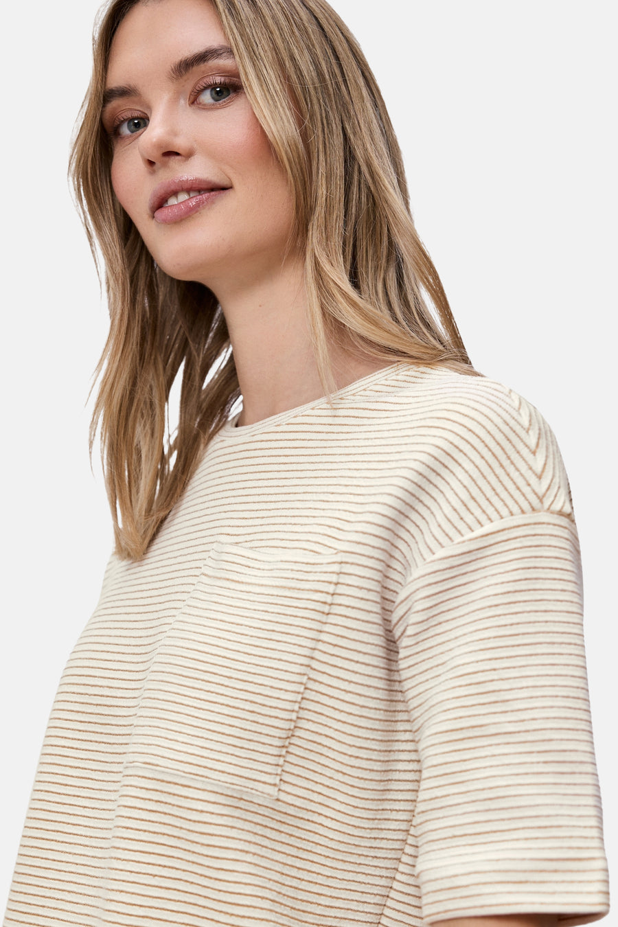Beige gestreept T-shirt van Street One met borstzak.