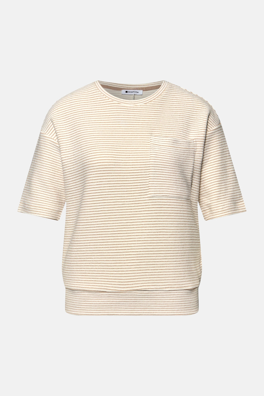 Beige gestreept T-shirt van Street One, met borstzak en wafelstructuur.