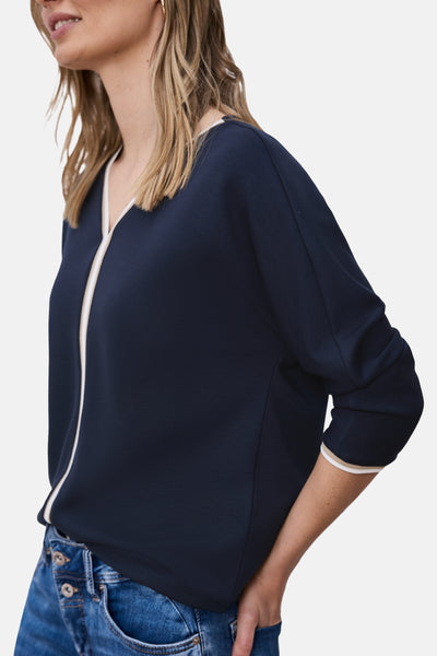 Effenk blauw T-shirt met lange mouwen van STREET ONE, met V-hals en contrasterende afwerkingen.