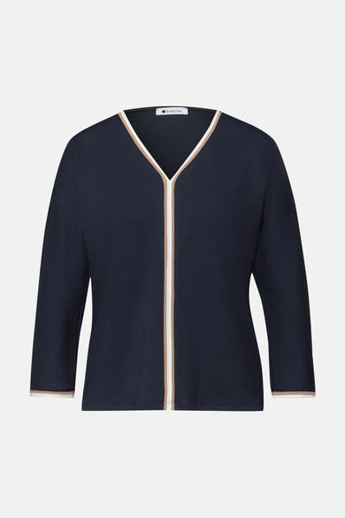 Blauwe T-shirt met lange mouwen van Street One, met contrasterende strepen op de kraag en mouwen.