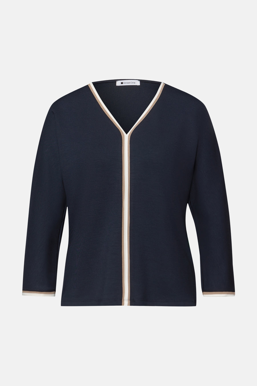 Blauwe T-shirt met lange mouwen van Street One, met contrasterende strepen op de kraag en mouwen.
