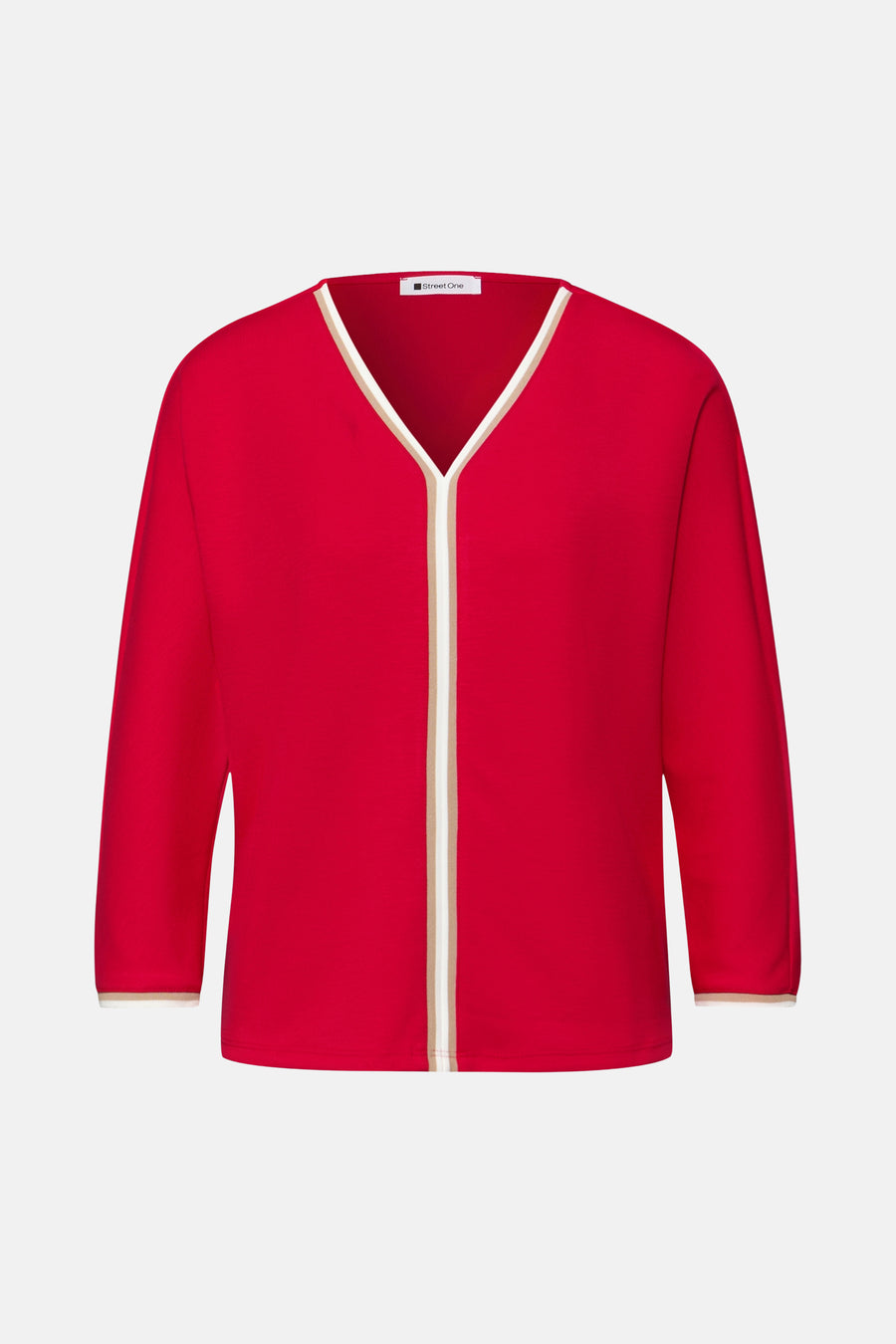 Rood T-shirt met lange mouwen van Street One, met contrasterende witte en beige details op de halslijn en manchetten.