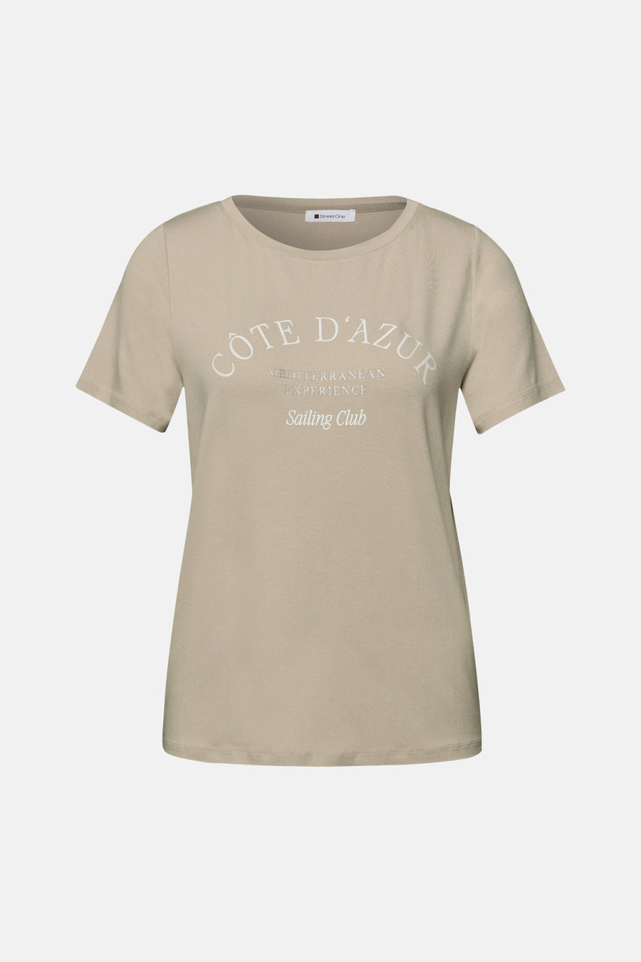 Beige T-shirt met korte mouwen van Street One, versierd met een witte opdruk op de voorkant.
