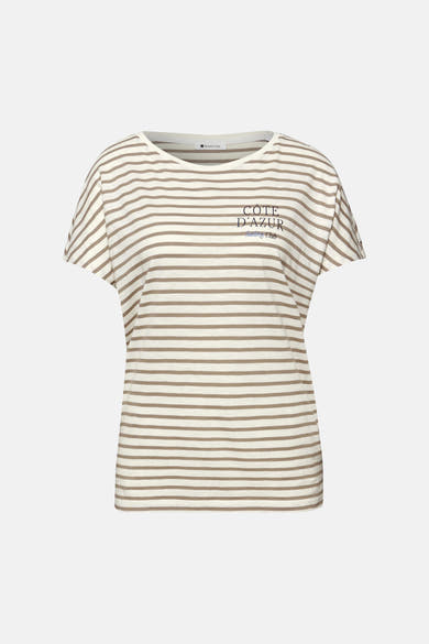Beige en bruine gestreept T-shirt van Street One, met marineblauwe opdruk.