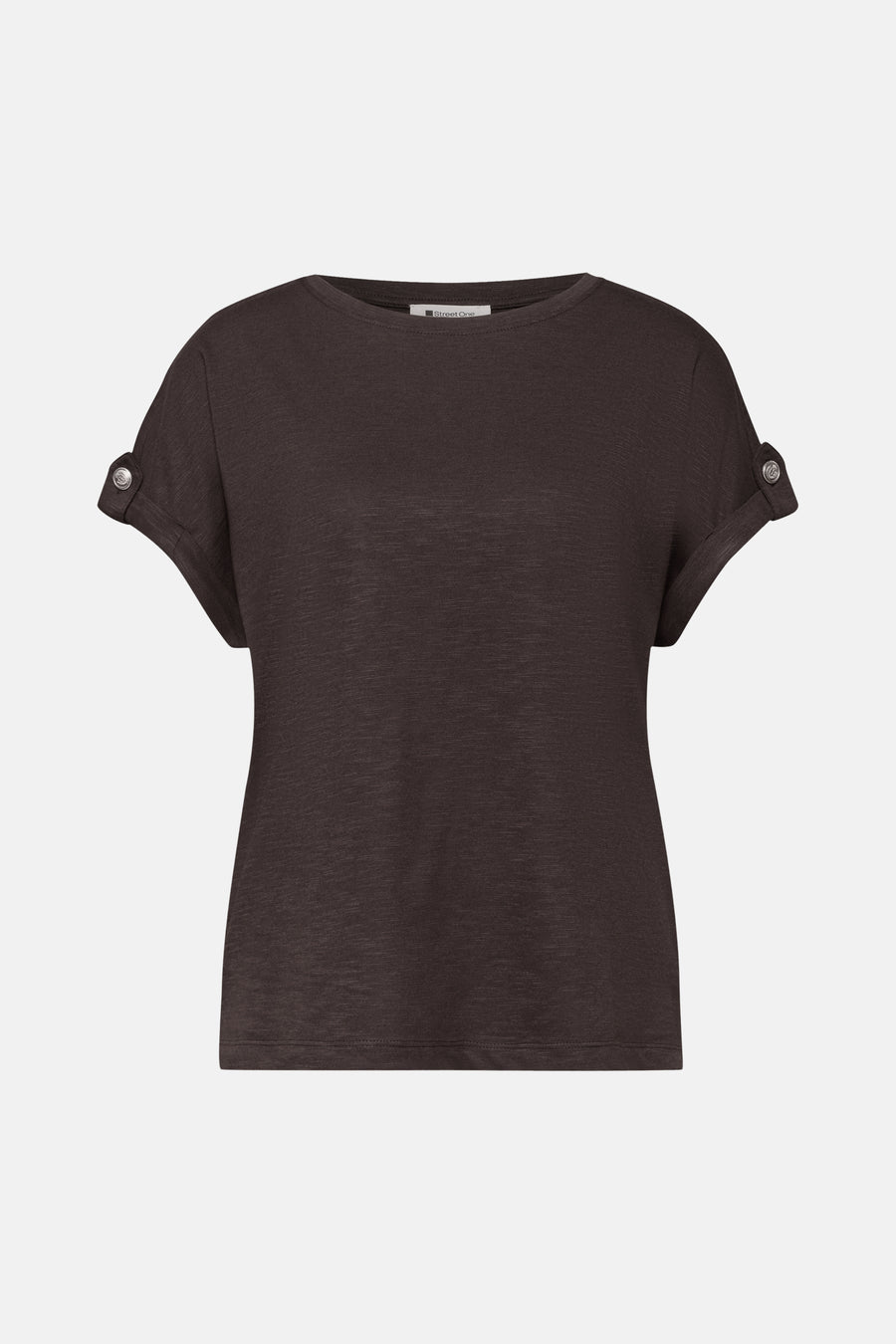 Bruin T-shirt van Street One met ronde hals, opgerolde mouwen en decoratieve knopen, met een licht gemêleerde textuur.