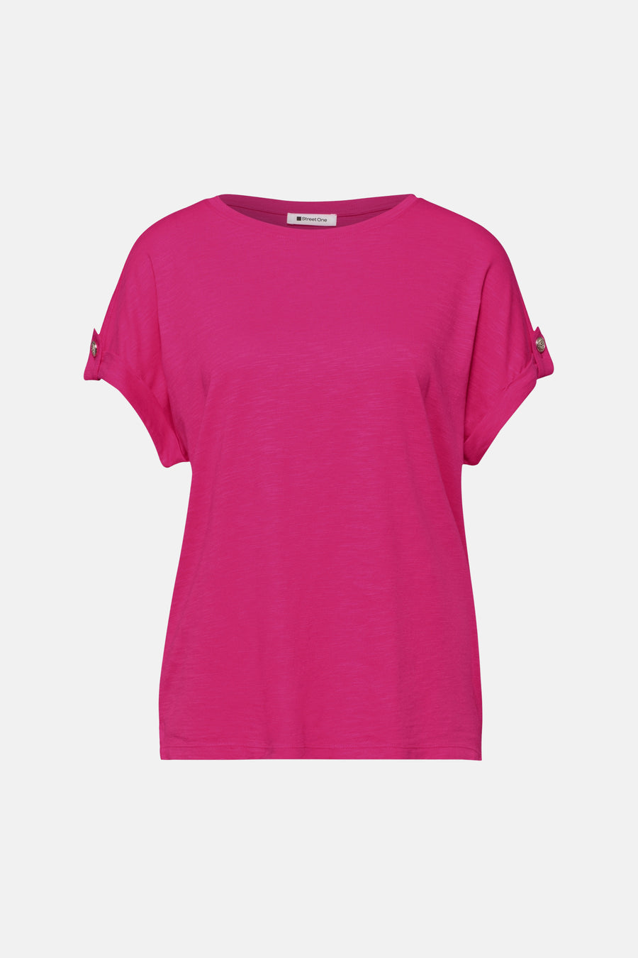 Roze T-shirt van Street One met ronde hals, korte opgerolde mouwen met knoop en getextureerde stof.