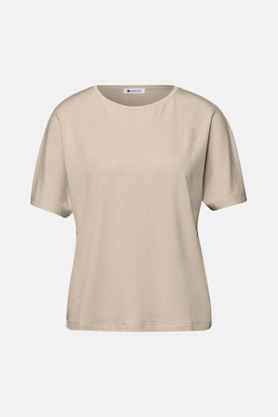 Beige T-shirt van Street One met ronde hals, korte mouwen en fijne ribstructuur.