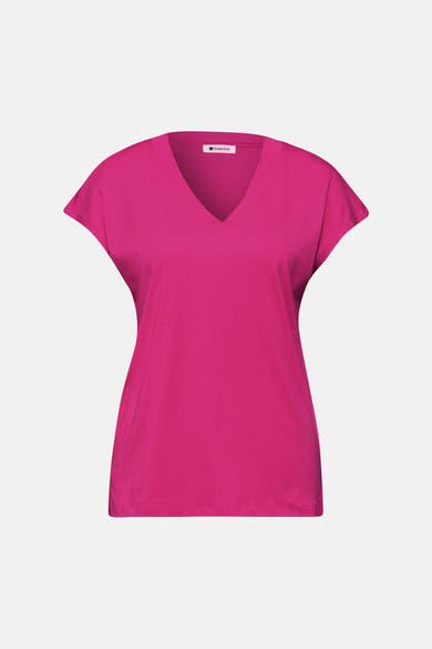 Roze T-shirt met korte mouwen van STREET ONE met V-hals en effen stof.
