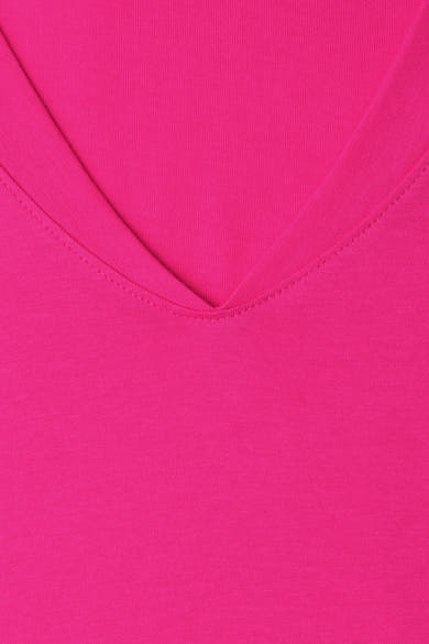 Fuchsia roze T-shirt van STREET ONE in katoenbreisel met V-hals en zichtbare naden.