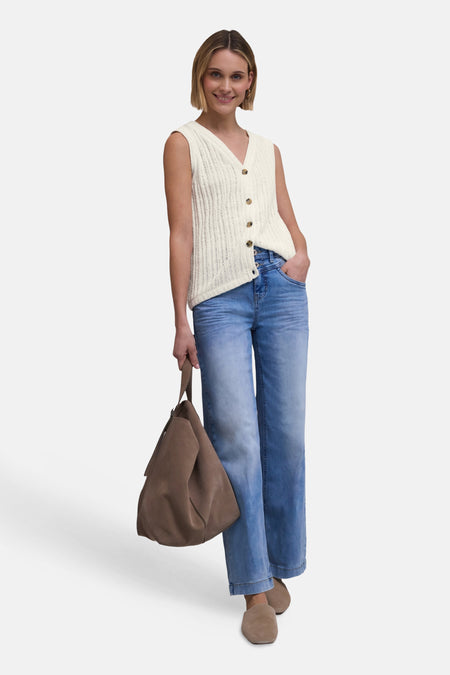 Gilet blanc en maille de STREET ONE, sans manches, avec col en V et boutons.