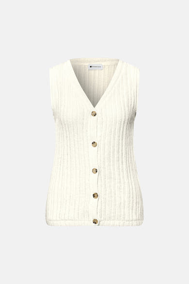 Witte Street One bodywarmer in ribgebreide stof, V-hals, mouwloos en bruine knopen.