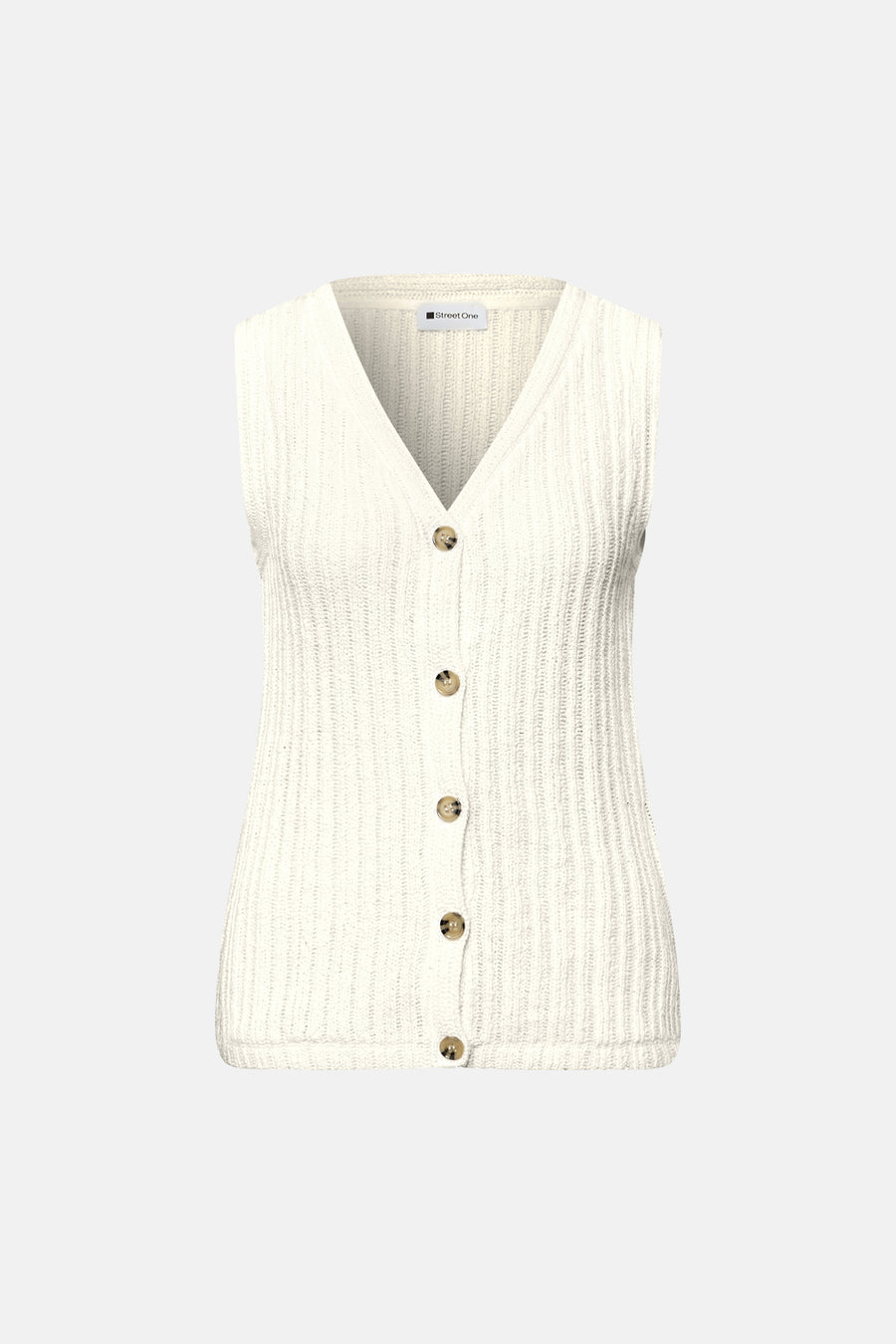 Witte Street One bodywarmer in ribgebreide stof, V-hals, mouwloos en bruine knopen.