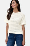 Wit T-shirt met ronde hals van STREET ONE, in crèmekleurige ajourbreiwerk en met korte mouwen.