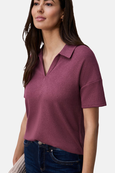 Pull rose foncé de STREET ONE à col polo, en maille fine, avec manches courtes.