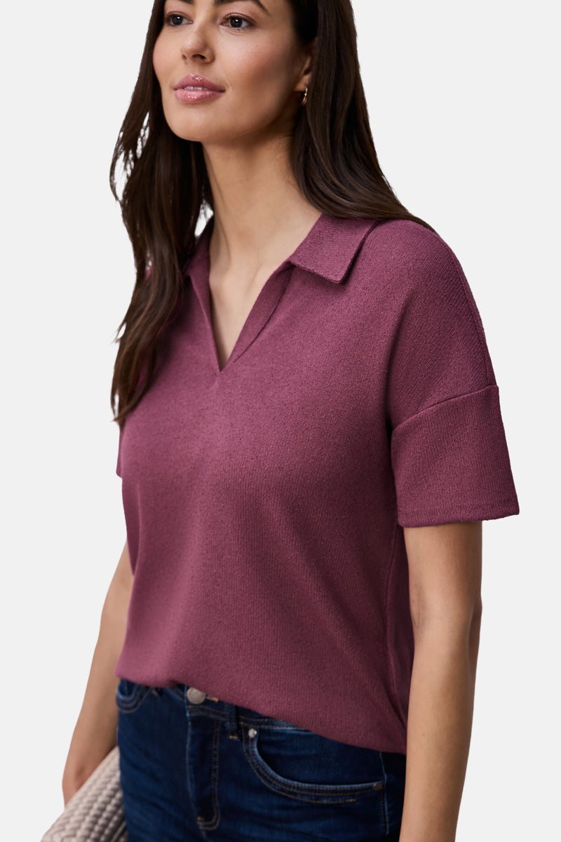 Pull rose foncé de STREET ONE à col polo, en maille fine, avec manches courtes.