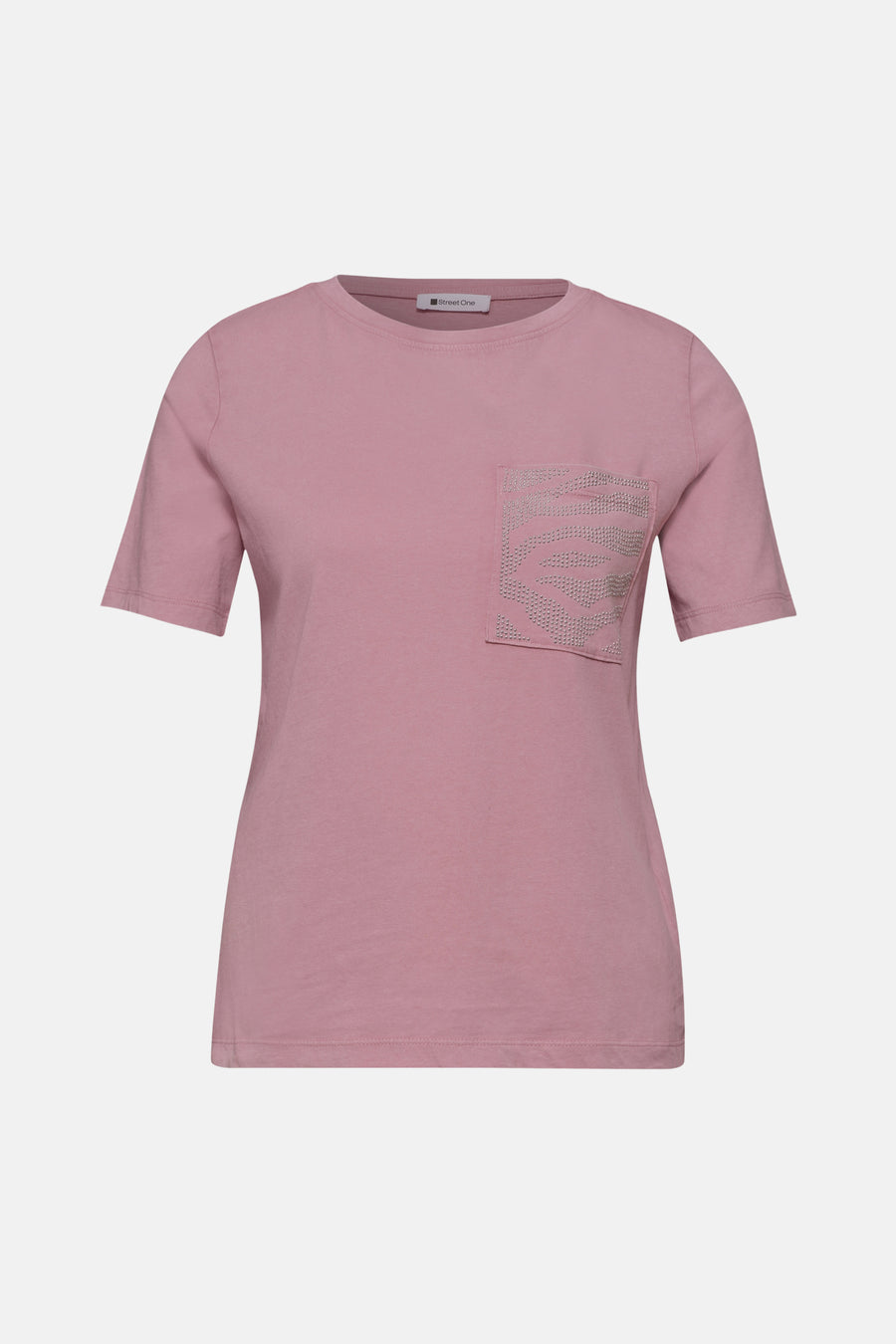 Effenchemise Street One roze effen met korte mouwen en borstzak versierd met glimmende studs.