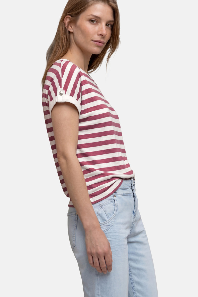 Gestreept T-shirt van STREET ONE in bordeauxrood en wit met een ronde hals en opgerolde korte mouwen.