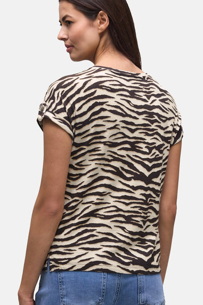 T-shirt à motif zèbre beige et marron de STREET ONE, manches courtes retroussées, fentes latérales, vue de dos.