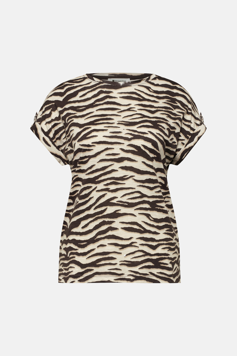 T-shirt à manches courtes à motif zèbre beige et marron de STREET ONE, avec ourlets retroussés.