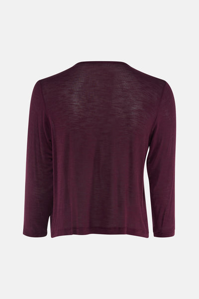 Bordeaux gilet with textured knit fabric, long sleeves, and rounded neckline, back view