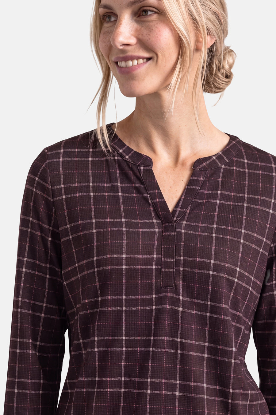 Red 3/4 sleeve blouse with plaid pattern and V-neck, worn by model in front view