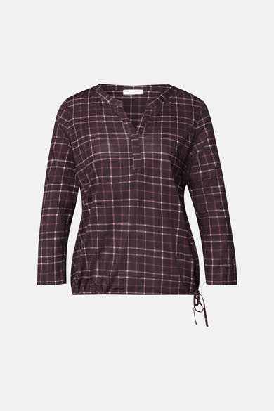 Red plaid 3/4 sleeve blouse with V-neck and side tie, front view