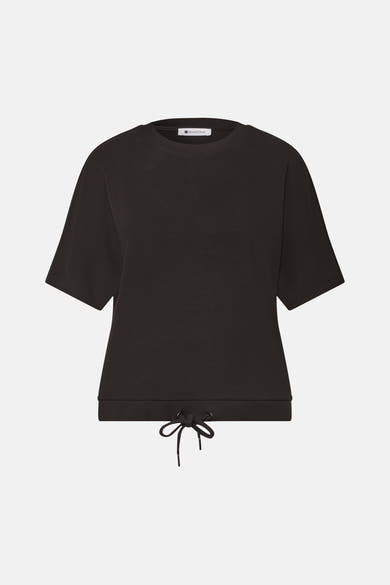 Brown crewneck sweatshirt by Street One with short sleeves and drawstring hem, front view