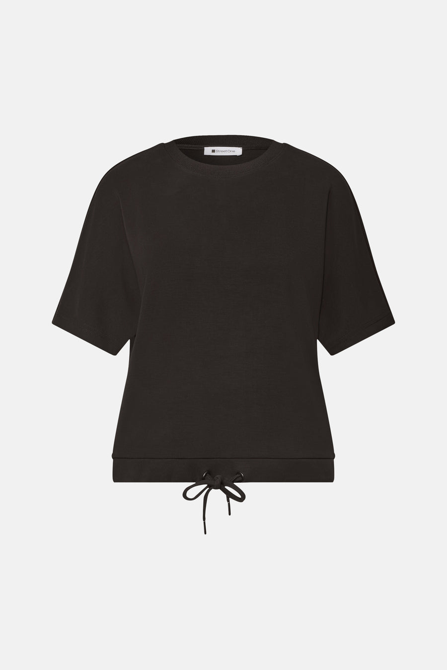 Brown crewneck sweatshirt by Street One with short sleeves and drawstring hem, front view