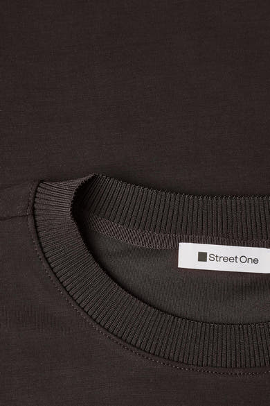Brown crewneck sweatshirt by Street One, close-up showing ribbed neckline and brand label.