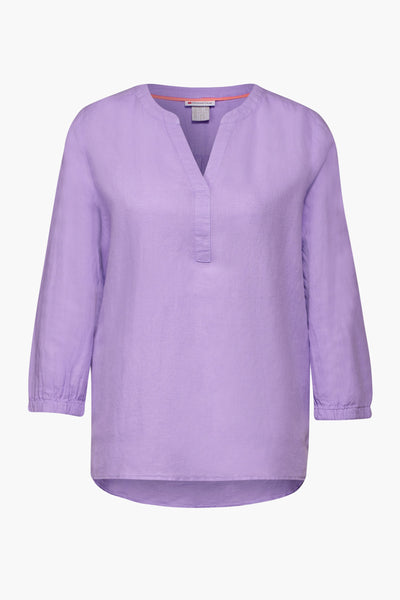 Paarse 3/4 blouse van Street One, met V-hals en ingesnoerde mouwen.