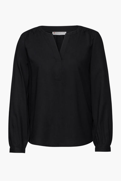 Blouse noire à manches longues de Street One, avec un col en V discret et une coupe droite.