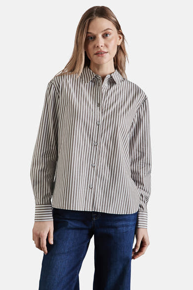Bruine gestreepte blouse met lange mouwen van STREET ONE, gedragen met een donkerblauwe jeans.