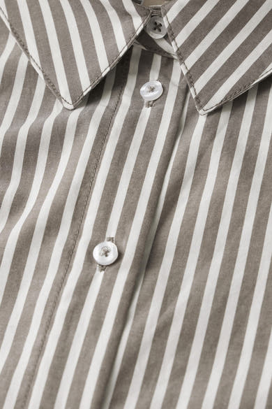 Bruine gestreepte blouse met lange mouwen van Street One, met een witte kraag en knopen.