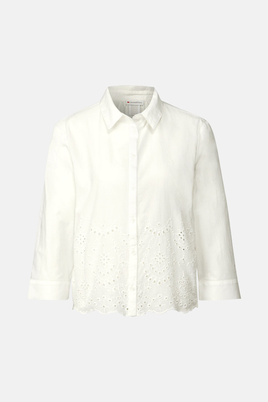 Chemisier blanc à manches longues de Street One avec broderie anglaise décorative en bas.