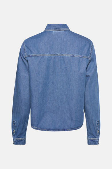 Middelblauwe spijkerblouse van STREET ONE, achterkant met lange mouwen en schouderpas.