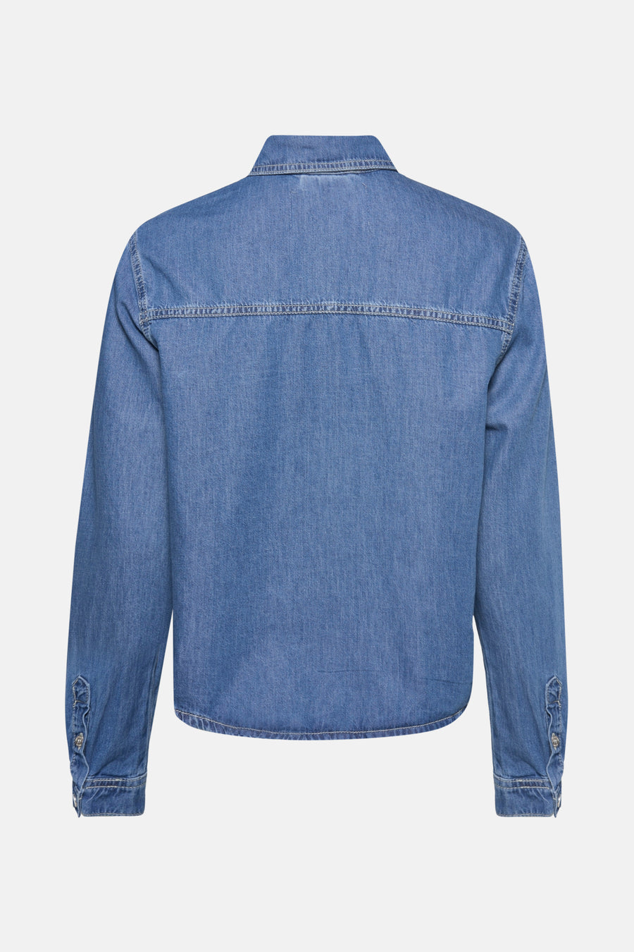 Middelblauwe spijkerblouse van STREET ONE, achterkant met lange mouwen en schouderpas.
