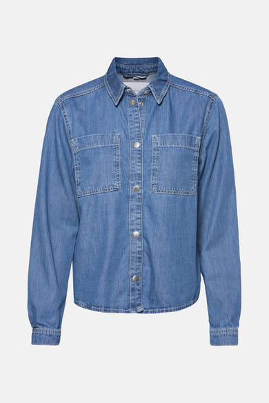 Middelblauwe spijkerblouse van STREET ONE met lange mouwen, borstzakken en zilverkleurige knopen.