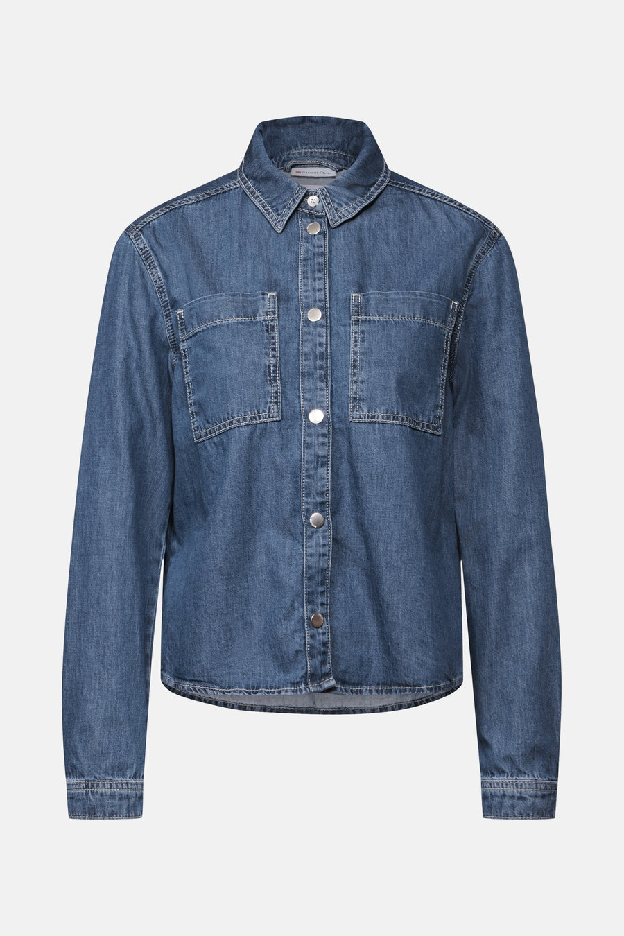 Street One middendonkerblauwe spijkerblouse met lange mouwen, borstzakken en zilverkleurige knopen.