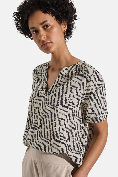 Meerkleurig overhemd met korte mouwen van Street One, met een zwart en beige abstract patroon.