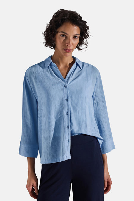 Blauwe blouse met lange mouwen van Street One, plooitextuur en een relaxte pasvorm.